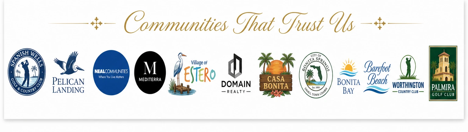 Communities That Trust Us — Spanish Wells, Pelican Landing, Neal Communities, Mediterra, Village of Estero, Domain Realty, Casa Bonita, City of Bonita Springs, Bonita Bay, Barefoot Beach, Worthington Country Club, and Palmira Golf Club